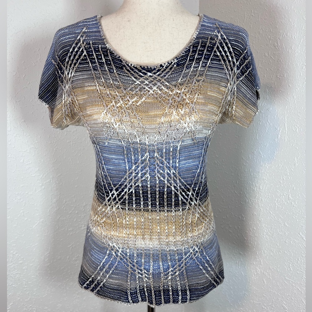 Nic + Zoe Short Sleeve Linen Blend Abstract Knit Lightweight Sweater